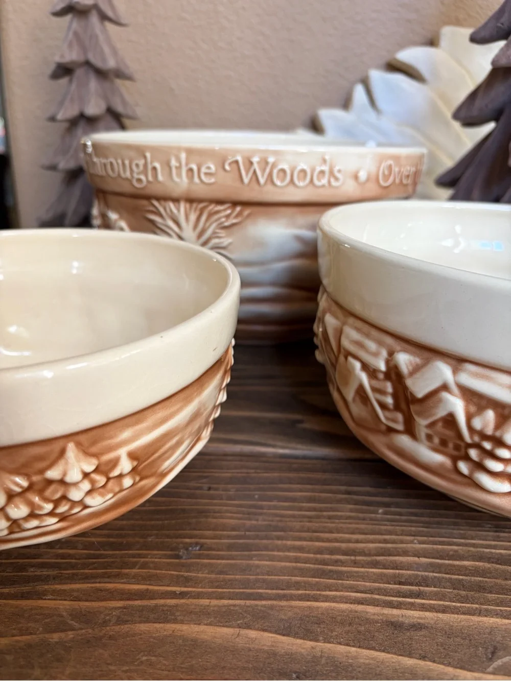 THT Designs Over The River Through Ceramic Bowls Set of 3 & Flocked Brown Trees